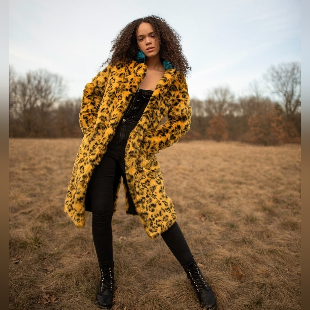 Yellow Cheetah Calf Length Faux Fur Coat | Women's